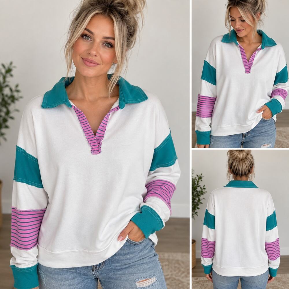 Hem & Thread Women’s Size M Color Block Pullover Teal Pink White VINTAGE STYLE